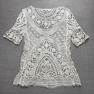 Short sleeve sheer boho lace top cream color hippie crochet shirt fairy cover up